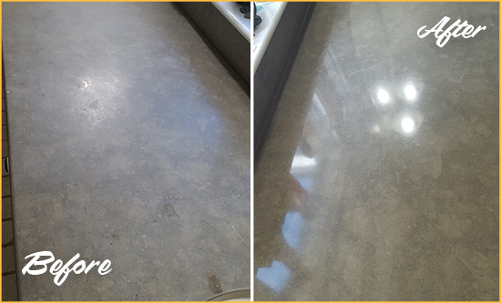 Before and After Picture of a Dull Harper Woods Limestone Countertop Polished to Recover Its Color