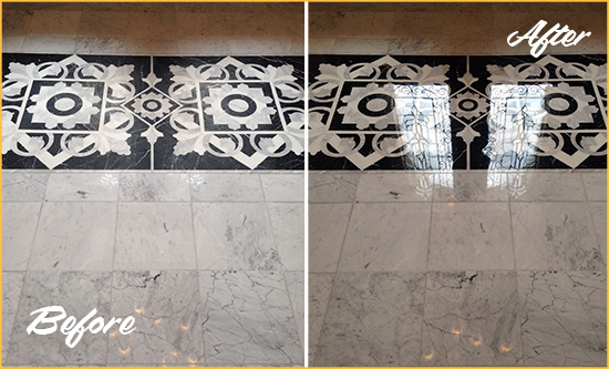 Before and After Picture of a Birmingham Marble Stone Floor Polished to a Mirror Shine