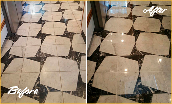 Before and After Picture of a Dull Royal Oak Marble Stone Floor Polished To Recover Its Luster