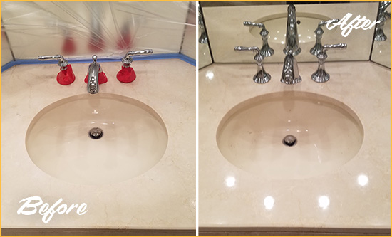 Before and After Picture of a Dull Harper Woods Marble Stone Vanity Top Polished to Bring-Back Its Sheen