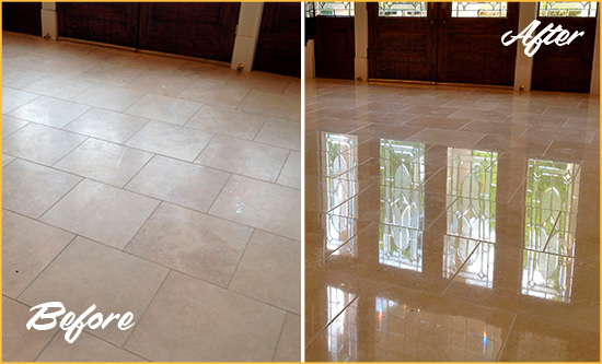 Before and After Picture of a Dull Beverly Hills Travertine Stone Floor Polished to Recover Its Gloss