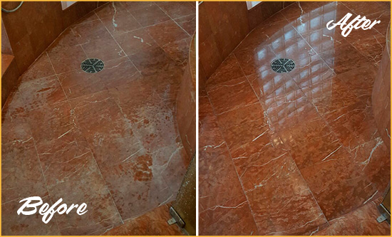 Before and After Picture of a Royal Oak Marble Stone Shower Polished to Eliminate Mineral Deposits