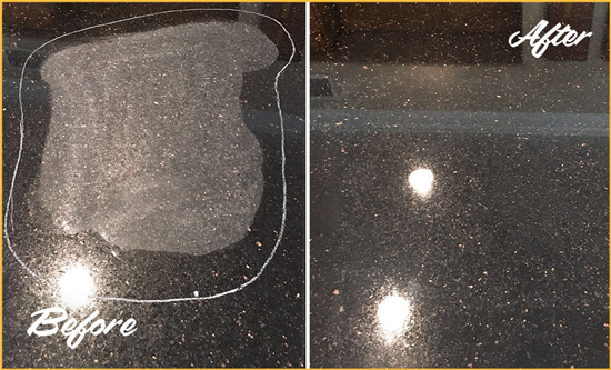 Before and After Picture of a Beverly Hills Granite Stone Countertop Polished to Remove Scratches