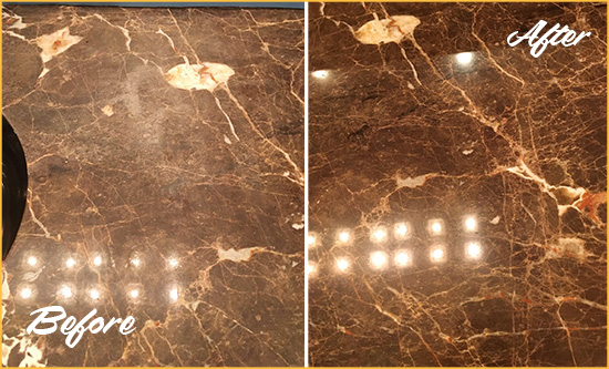 Before and After Picture of a Harper Woods Marble Stone Countertop Polished to Eliminate Stains