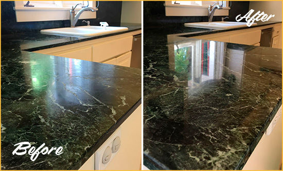 Before and After Picture of a Harper Woods Marble Stone Counter Polished to Eliminate Water Marks