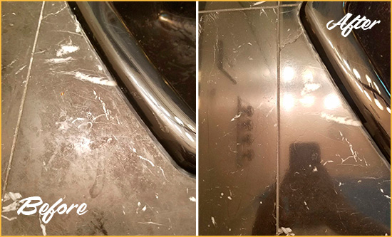 Before and After Picture of a New Baltimore Marble Countertop Cleaned to Remove Deep Dirt