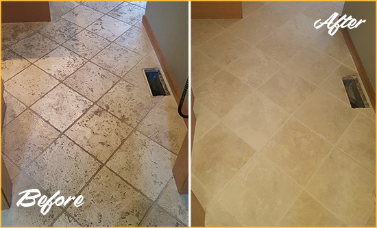 Before and After Picture of a Beverly Hills Kitchen Marble Floor Cleaned to Remove Embedded Dirt