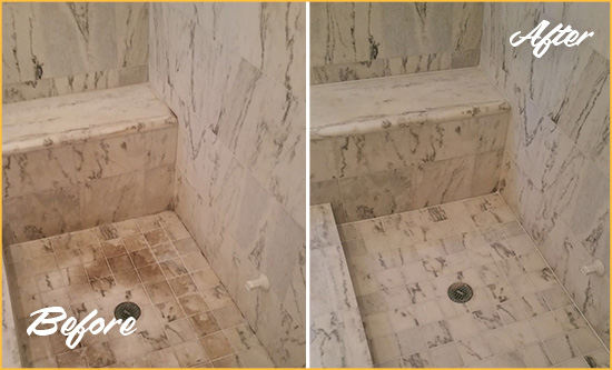 Before and After Picture of a Dirty Beverly Hills Marble Shower Cleaned to Eliminate Dark Stains