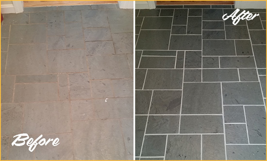 Before and After Picture of a Harrison Township Slate Floor Cleaned to Remove Deep-Seated Dirt