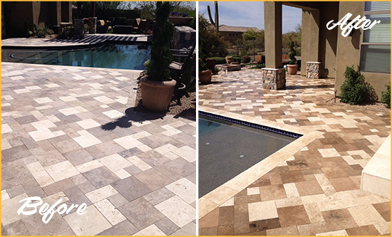 Before and After Picture of a Dull Beverly Hills Travertine Pool Deck Cleaned to Recover Its Original Colors