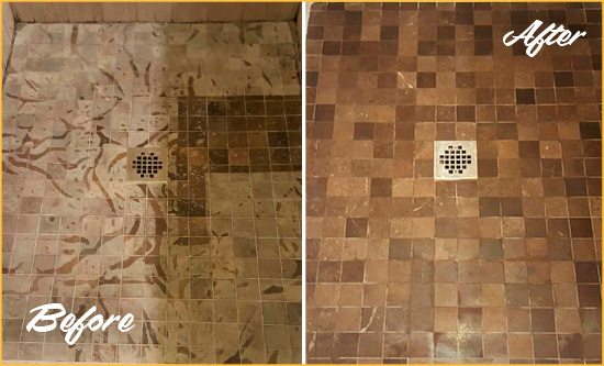 Before and After Picture of a Stained Beverly Hills Marble Shower Floor Cleaned to Remove Etching