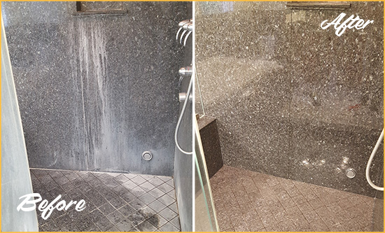 Before and After Picture of a New Baltimore Granite Shower Cleaned to Remove Mineral Deposits