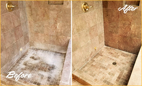 Before and After Picture of a Eastpointe Travertine Shower Cleaned to Eliminate Water Spots