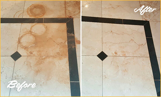 Before and After Picture of a Beverly Hills Marble Floor Cleaned to Eliminate Rust Stains