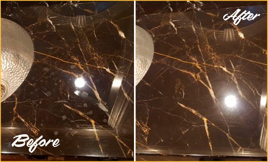 Before and After Picture of a Harrison Township Marble Countertop Cleaned to Remove Water Spots