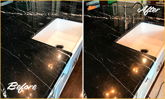 Before and After Picture of a Harrison Township Marble Kitchen Countertop Stone Sealed to Avoid Water Damage