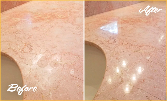 Before and After Picture of a Royal Oak Marble Stone Vanity Top Sealed to Avoid Water Marks