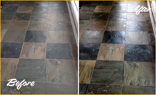 Before and After Picture of a Harrison Township Slate Stone Floor Sealed to Eliminate Dullness