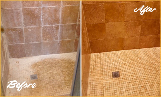 Before and After Picture of a Eastpointe Travertine Shower Honed to Remove Mineral Deposits