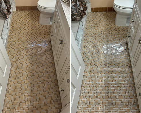 Bathroom Floor Before and After a Grout Recoloring in Warren