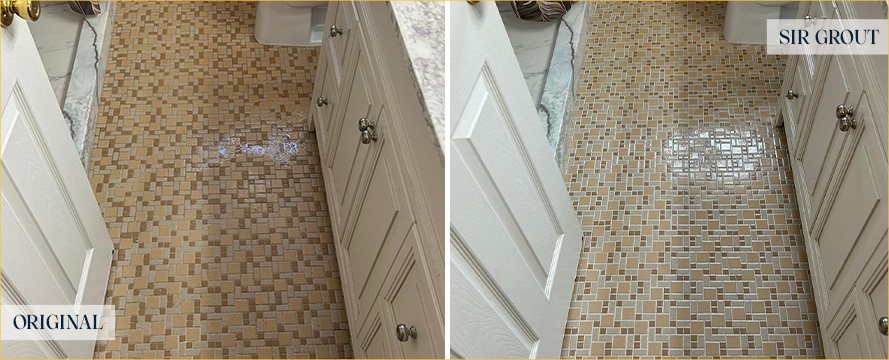 Bathroom Floor Before and After a Grout Recoloring in Warren