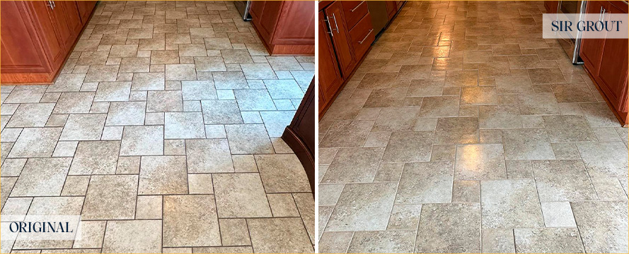 Kitchen Floor Before and After a Grout Recoloring in Royal Oak