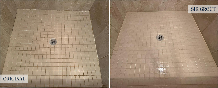 Tile Shower Before and After a Grout Cleaning in Berkley