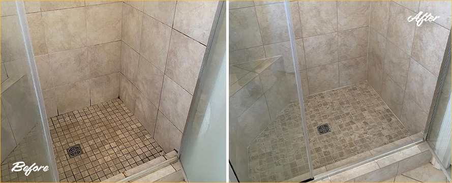 Tile Shower Before and After Our Hard Surface Restoration Services in Rochester