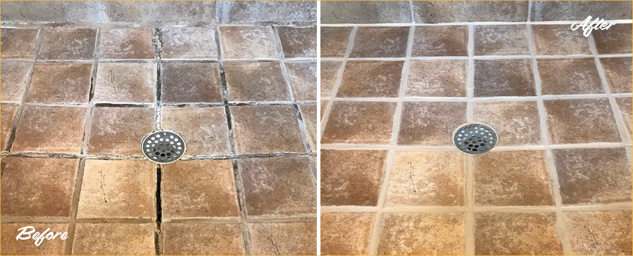 Shower Floor Before and After a Grout Sealing in Macomb, MI