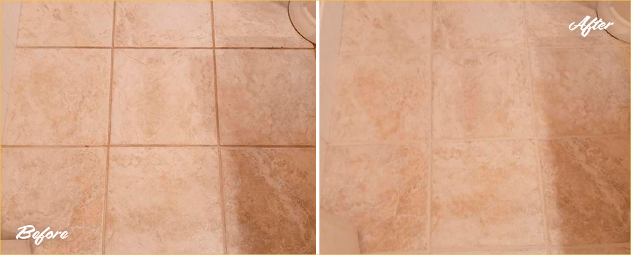 Bathroom Floor Before and After a Grout Cleaning in Rochester