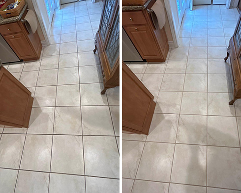 Floor Before and After a Grout Recoloring in Grosse Pointe Farms, MI